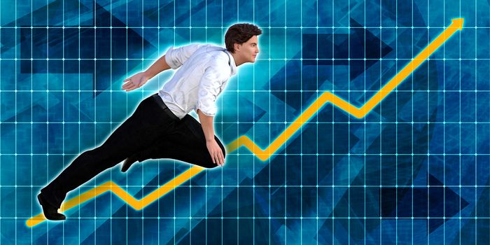 Caucasian Businessman Running with Chart Graph Background Art
