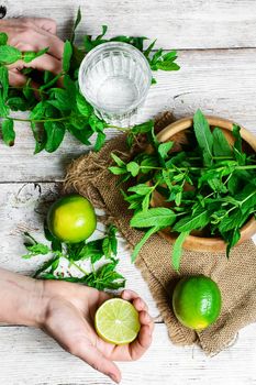 Hand with lime and preparing soft drink with water and lime
