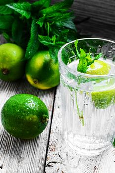 refreshing summer drink cocktail with lime and mint on a light background