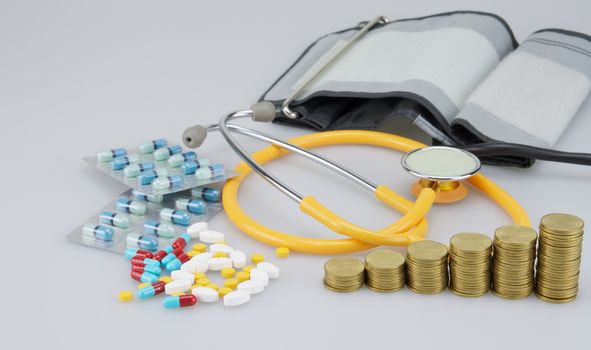 Step of gold coins with medical equipment and medicine on white background.