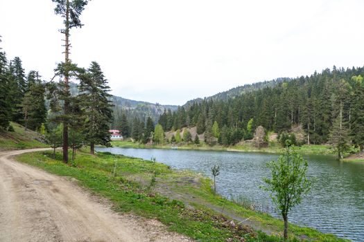 View of small Akgol lake in Ayancik, Sinop around big mountains with high pine trees on cloudy sky background.