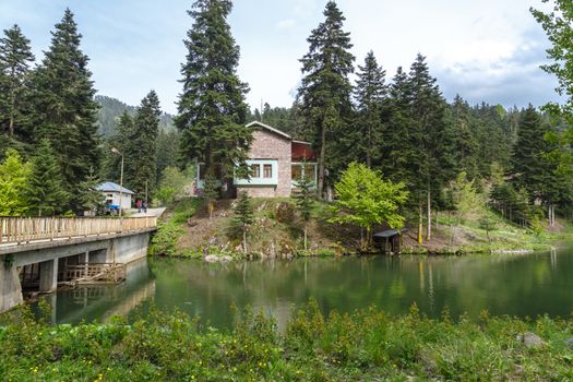 View of small Akgol lake in Ayancik, Sinop around big mountains with high pine trees on cloudy sky background.