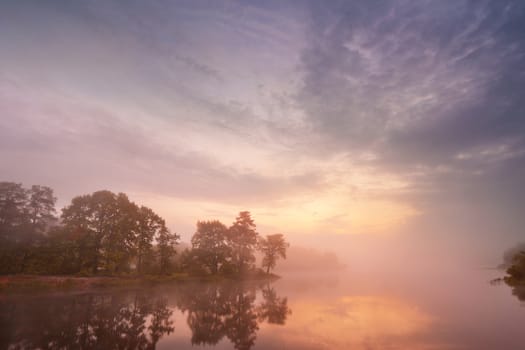 Misty morning on the lake. Spring in Belarus