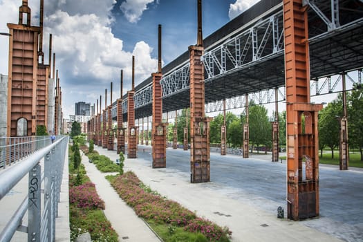 View on former industrial site turned into city park. Urban setting background