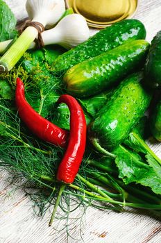 Preparing to pickle fresh cucumbers with dill,garlic and spices