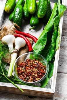 Wooden box with cucumbers and vegetables prepared for seaming