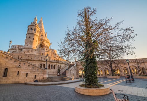 Fisherman's Bastion in Budapest, Hungary at Sunrise with Clear Blue Sky