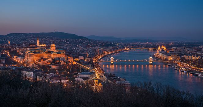 Panoramic View of Budapest and the Danube River as Seen from Gellert Hill Lookout Point at Twilight