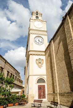 Bell and clock tower of the baroque Sant'Agata Cathedral in Gallipoli, Salento, Apulia, Italy
