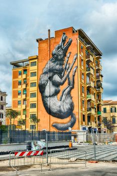 ROME - MARCH 20:  The black wolf mural graffiti painted in 2014 by the belgian artist Roa in the Testaccio district in Rome, as seen on March 20, 2016.