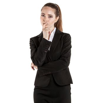 Portrait of young businesswoman in black suit isolated on white background