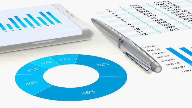 Close-up view to a professional workspace with graphics on a sheet of paper and a smartphone with data for analysis