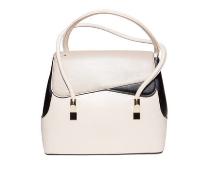 The photograph shows a female handbag on a white background