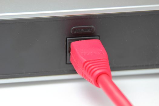 Red web cable connected to internet port on router