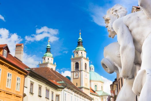 Three Carniolan Rivers Fountain of Robba fountain in the center of Ljubljana, Slovenia in front of the City Hall in Ljubljana. It was designed by the architect Francesco Robba in 18th century. 
