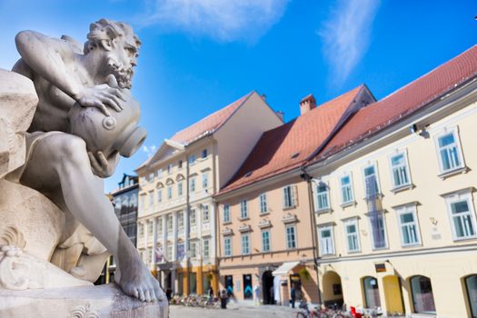 Three Carniolan Rivers Fountain of Robba fountain in the center of Ljubljana, Slovenia in front of the City Hall in Ljubljana. It was designed by the architect Francesco Robba in 18th century. 