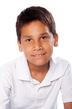 Portrait of happy handsome Latino Hispanic boy, isolated on white.