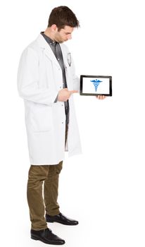 Doctor holding tablet, isolated on white - Caduceus symbol