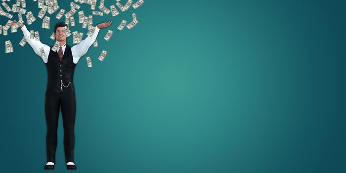 Corporate Business Man Catching Money Falling From the Sky in US Dollars