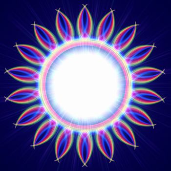 abstract rainbow colorful rays lights round circle like shining flower over blue background