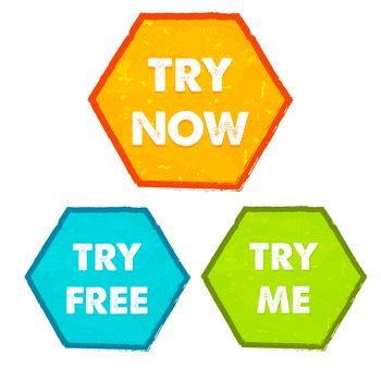 try now, try free, try me - text in orange, blue, green grunge flat design hexagons banners, business technology present concept labels