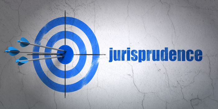 Success law concept: arrows hitting the center of target, Blue Jurisprudence on wall background, 3D rendering