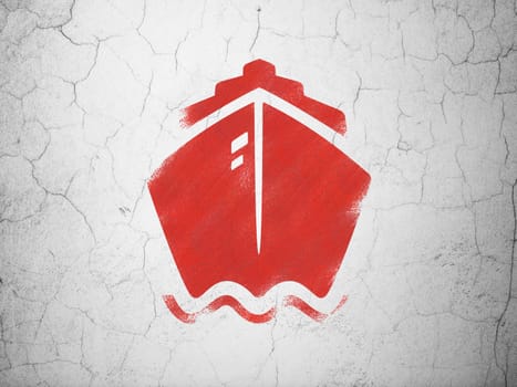 Vacation concept: Red Ship on textured concrete wall background