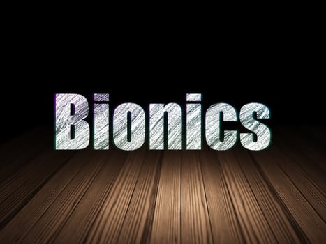 Science concept: Glowing text Bionics in grunge dark room with Wooden Floor, black background