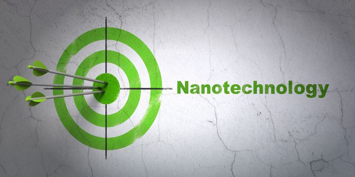 Success Science concept: arrows hitting the center of target, Green Nanotechnology on wall background, 3D rendering