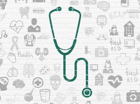 Health concept: Painted green Stethoscope icon on White Brick wall background with  Hand Drawn Medicine Icons