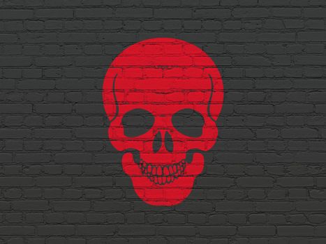 Health concept: Painted red Scull icon on Black Brick wall background