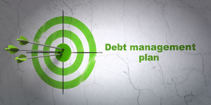 Success business concept: arrows hitting the center of target, Green Debt Management Plan on wall background, 3D rendering