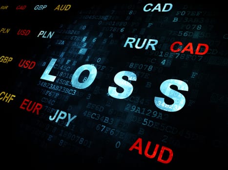 Business concept: Pixelated blue text Loss on Digital wall background with Currency