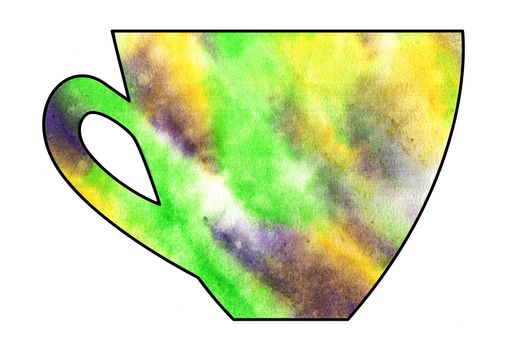 Cup of tea and coffee. Handmade. Watercolor, Mixed media. Cut paper. Tea time. Green Yellow Purple