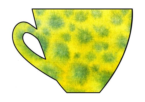 Cup of tea and coffee. Handmade. Watercolor, Mixed media. Cut paper. Tea time. Green and Yellow