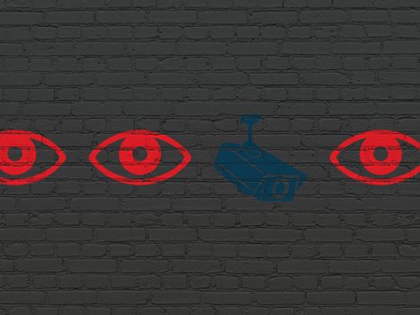 Safety concept: row of Painted red eye icons around blue cctv camera icon on Black Brick wall background