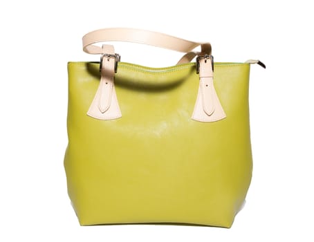 The photograph shows a female handbag on a white background