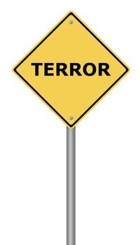 Yellow warning sign with the text Terror.