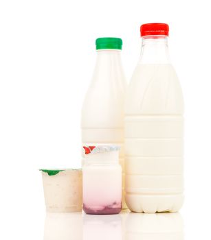 milk, dairy products and yogurt in the plastic bottle on white background
