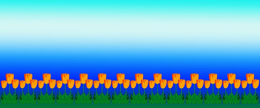 Mothers Day Summer or spring background illustration of yellow tulips on border with bright blue sky