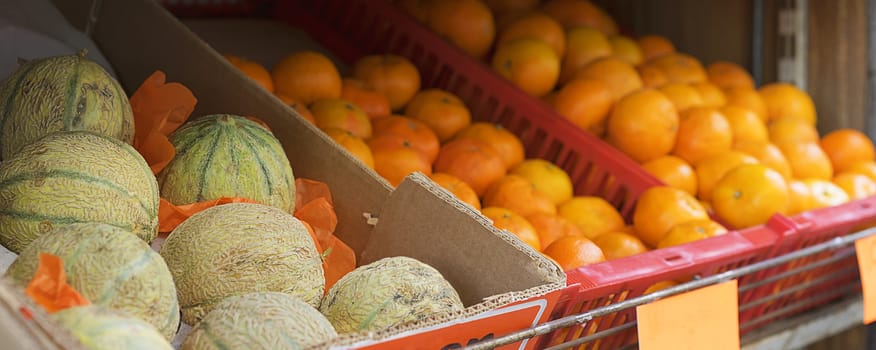 basket of fresh fruit, rockmelons or cantaloup and oranges and clementine, for sale