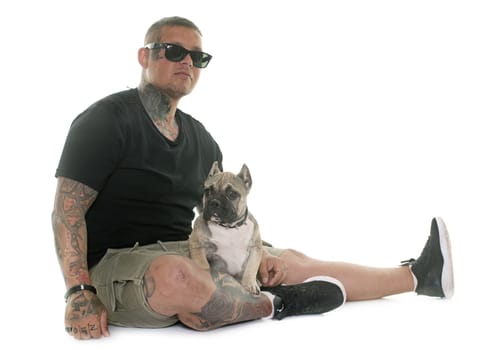 man and puppy american bully in studio