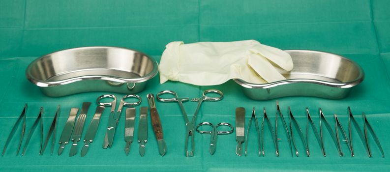 Medical instruments  with kidney shape bowl and glove were put on green fabric