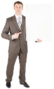 Young business guy holding blank board isolated on white background