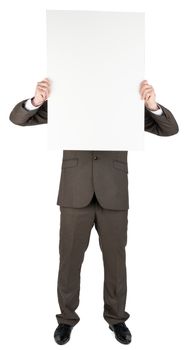 Man holding blank poster isolated on white background