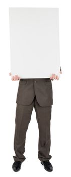Man holding blank poster isolated on white background