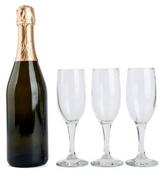 Champagne bottle and three champagne glasses isolated on white background