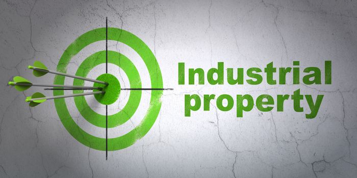 Success law concept: arrows hitting the center of target, Green Industrial Property on wall background, 3D rendering