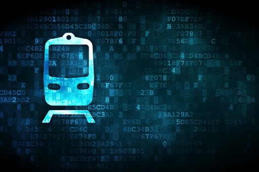 Travel concept: pixelated Train icon on digital background, empty copyspace for card, text, advertising