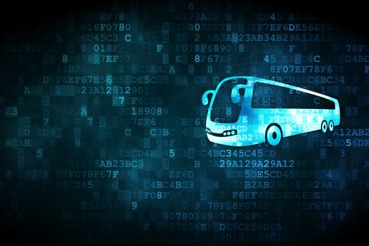 Tourism concept: pixelated Bus icon on digital background, empty copyspace for card, text, advertising